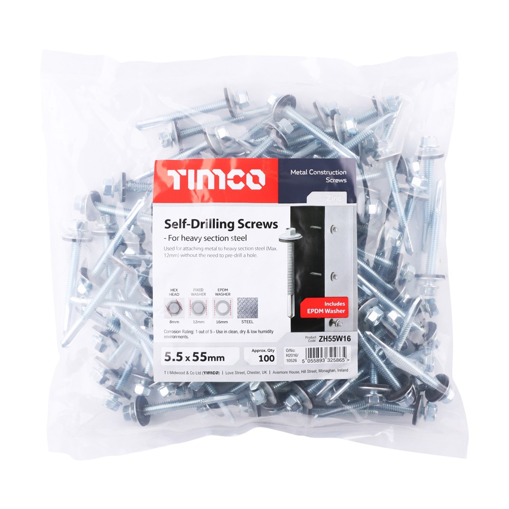 Timco Metal Construction Heavy Section Self Drilling Screws EPDM Washer Hex - Zinc