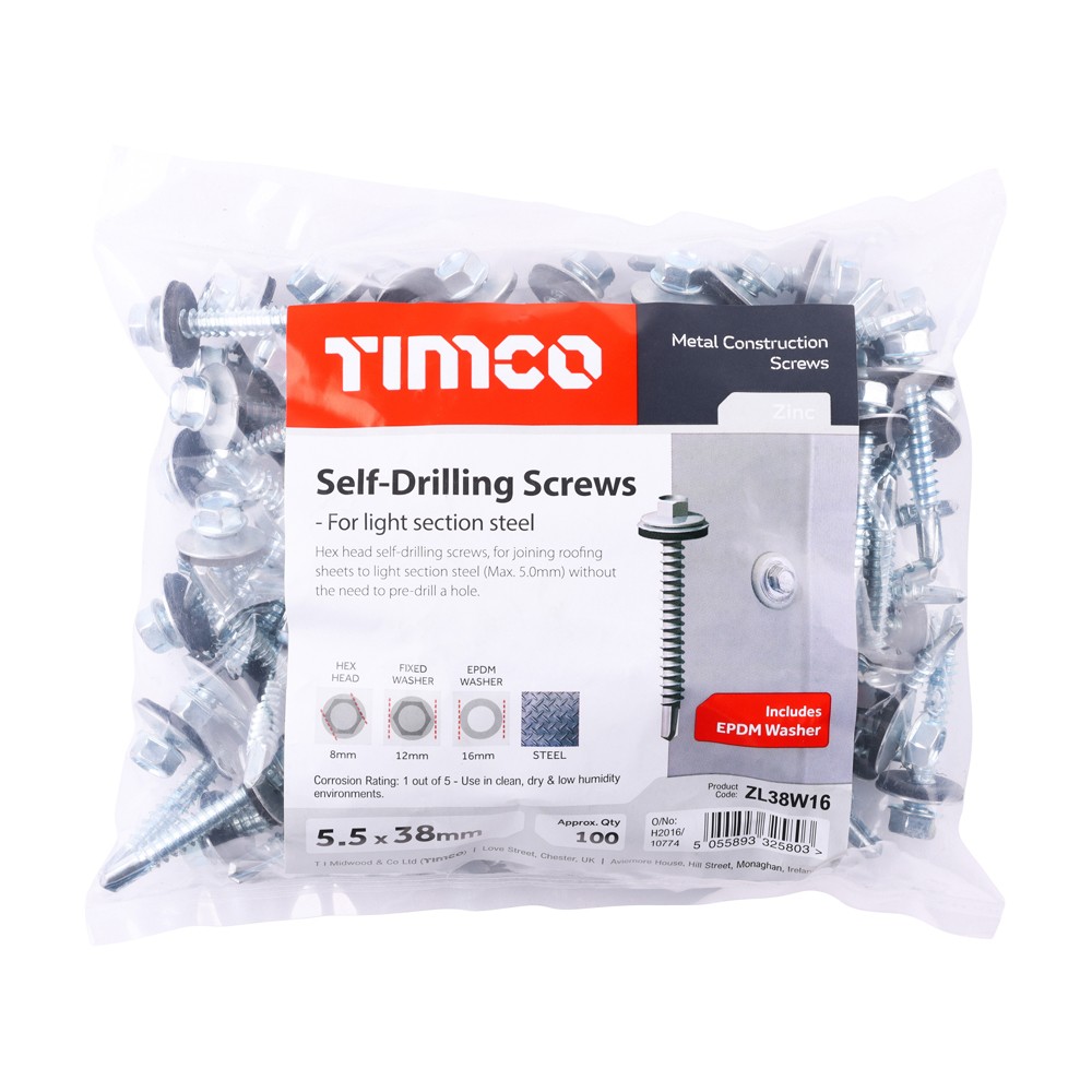 Timco Metal Construction Light Section Self Drilling Screws EPDM Washer Hex - Zinc