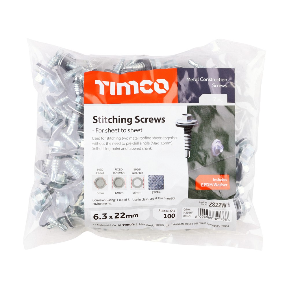 Timco Metal Construction Stitching Self Drilling Screws 6.3 x 22mm EPDM Washer - Zinc