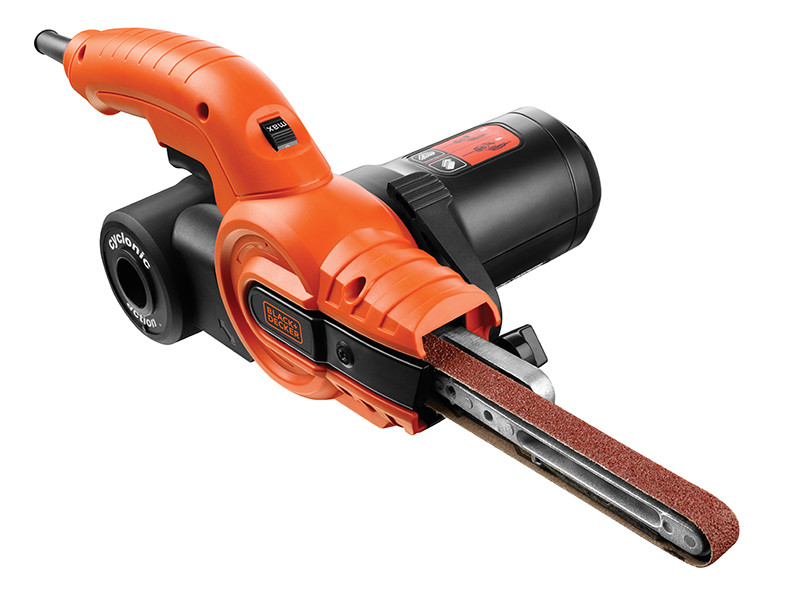 A None corded belt sander with a 240V motor and a dust extraction bag, for surface preparation and finishing work.