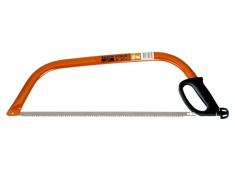 A metal bow saw with an orange frame, black handle, and a long serrated blade, designed for cutting wood.