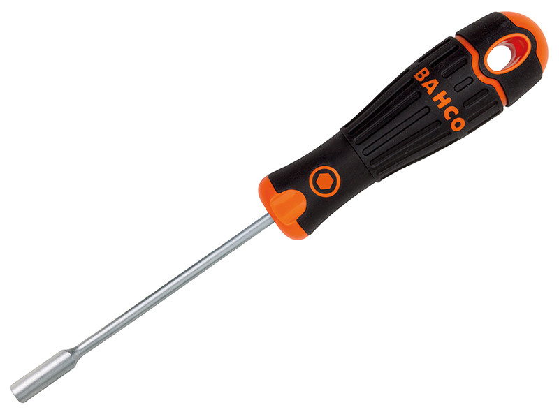 A Bahco brand nut driver with a black and orange handle and a long, silver shaft, shown on a white background.