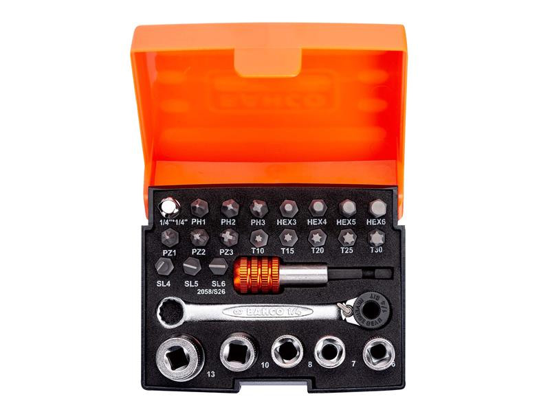 A set of assorted screwdriver and socket bits in a black foam organizer with an orange case. Includes a ratchet handle, extension, and multiple bits and sockets, all neatly arranged.