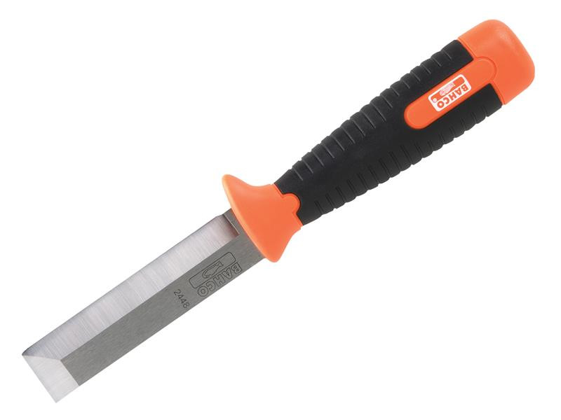 A chisel with a wide, flat metal blade and a black-and-orange ergonomic handle designed for a firm grip. The blade has beveled edges and the brand Bahco is visible on the handle and blade.