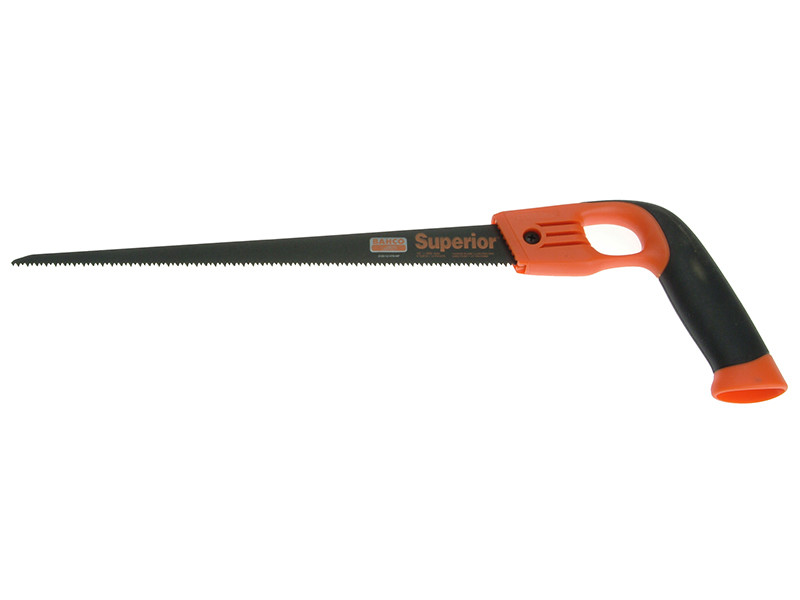 A keyhole saw with a black blade and an orange and black ergonomic handle, designed for cutting small or awkward shapes in wood or drywall. The blade is long, narrow, and pointed.