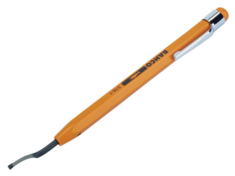 An orange Bahco brand scriber tool with a flat, curved metal tip and a silver pocket clip on the end, shown on a white background.