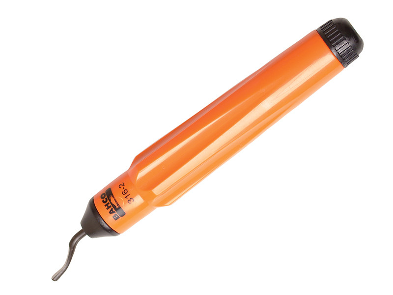 An orange deburring tool with a black, curved metal blade tip and a black end cap, placed on a white background.