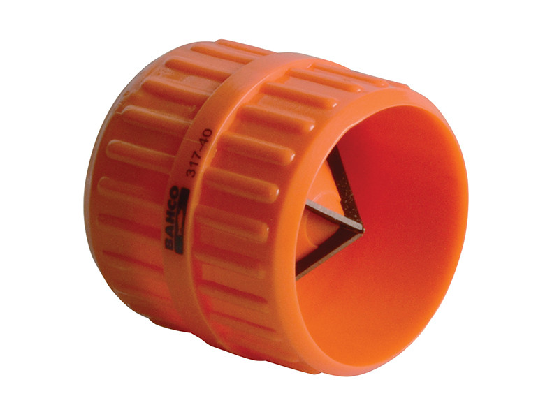 An orange, cylindrical pipe deburring tool with a textured grip and visible metal blades inside, used for smoothing the edges of cut pipes.