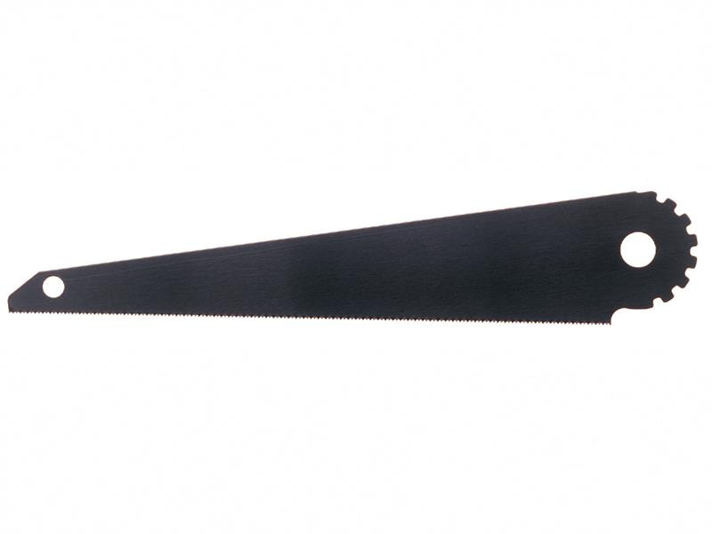 A black, flat, triangular saw blade with fine teeth along one edge, a round hole near the tip, and a gear-shaped hole at the wide end.