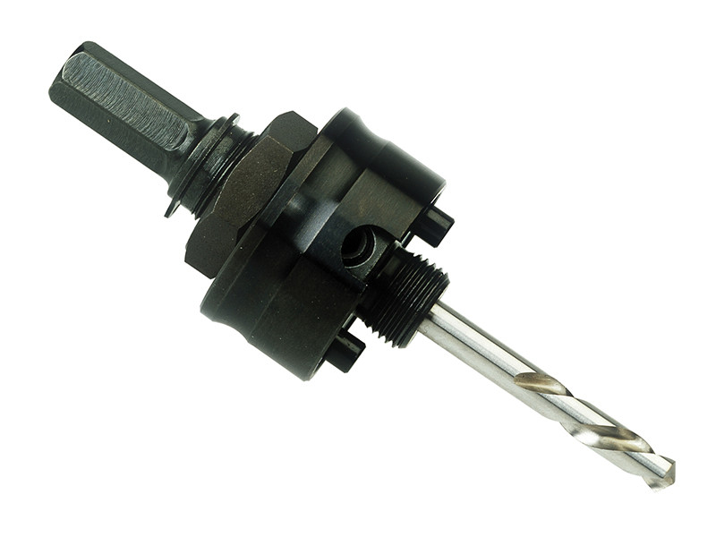 A close-up of a metal hole saw arbor with an attached pilot drill bit, designed for use with power drills. The tool has a hex shank and threaded sections for securing a hole saw blade.