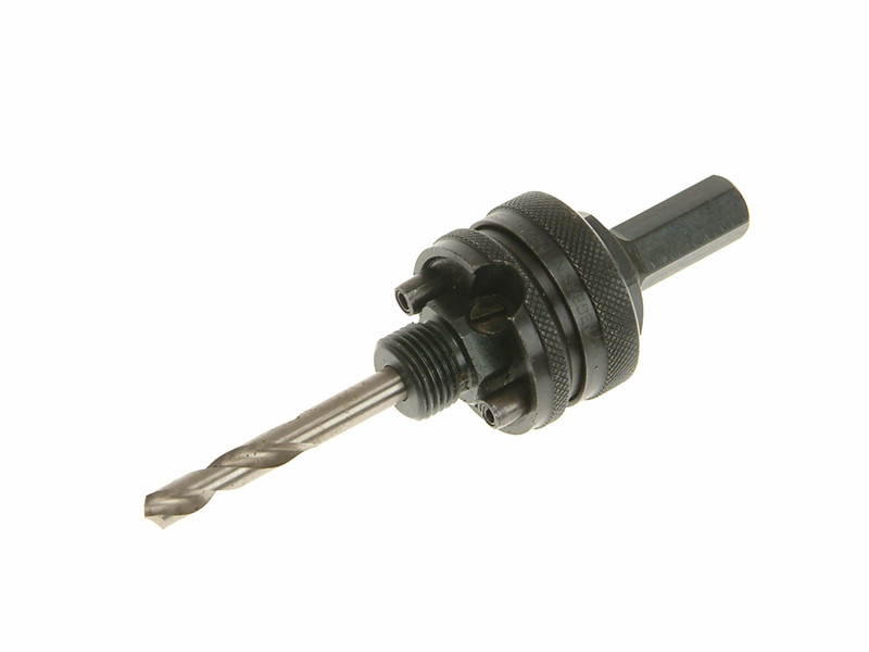 A close-up of a metal drill bit attached to an adjustable hole saw arbor, designed for use with power drills to create holes in various materials. The image is set against a plain white background.