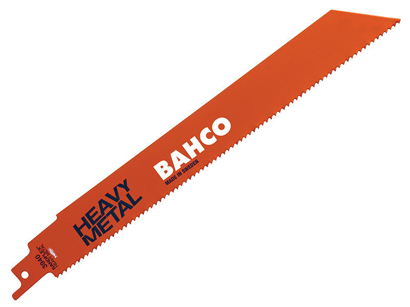 An orange Bahco saw blade with jagged teeth and HEAVY METAL written in black, and BAHCO in white. The blade is designed for cutting metal and has a flat, rectangular shape.