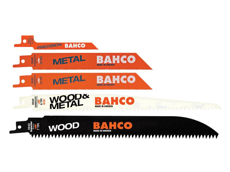 Five different Bahco saw blades are arranged horizontally, labeled for precision, metal, wood & metal, and wood cutting. Each blade varies in length and color, with Bahco branding visible.