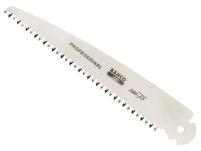 A silver Bahco brand professional saw blade with sharp, jagged teeth along one edge and holes for attachment at one end. The blade is labeled 386-JS and PROFESSIONAL.