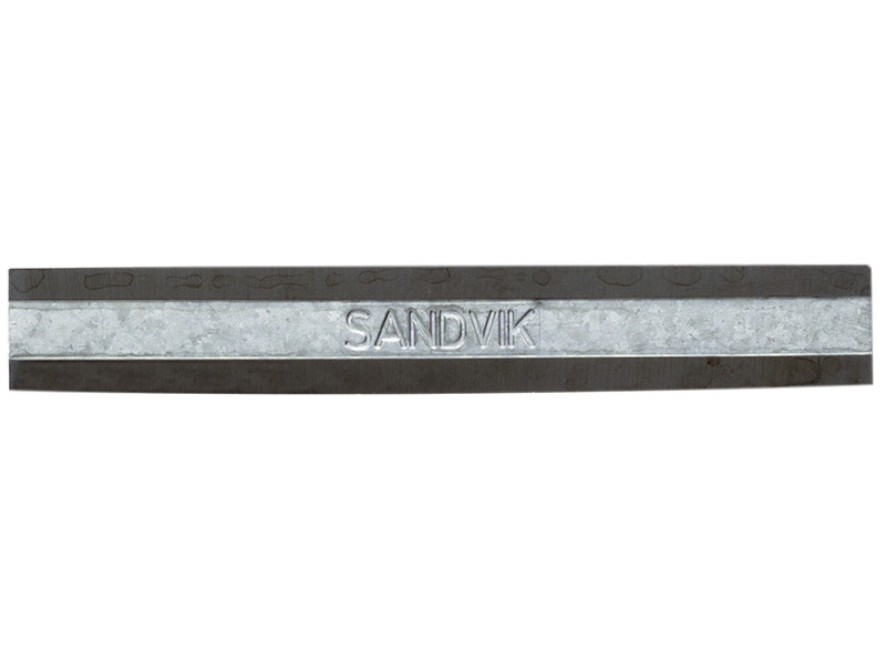 A long, rectangular metal strip with a shiny silver center section embossed with the word SANDVIK. The edges are darker, contrasting with the lighter middle band.