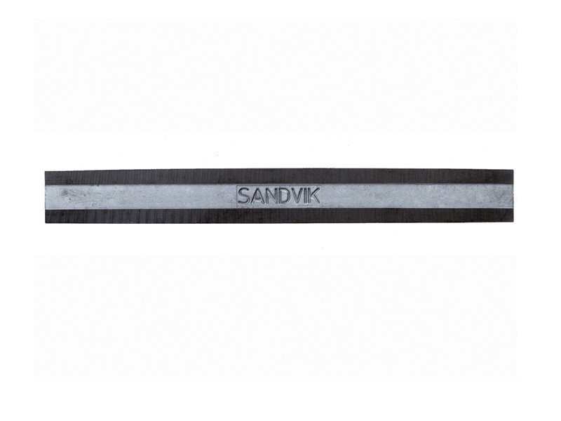 A rectangular metal file with a dark border and a silver-colored center strip, featuring the word SANDVIK engraved in the middle.