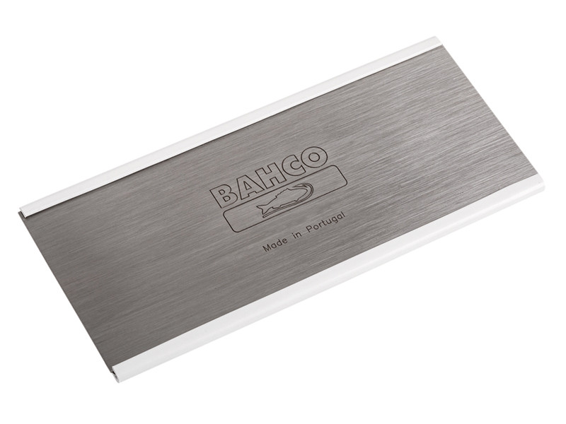 A rectangular Bahco brand metal scraper with white edges, brushed metal finish, and Made in Portugal engraved on the surface.