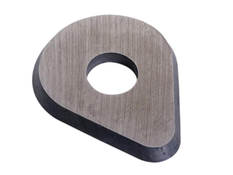 A flat, metallic, teardrop-shaped object with a circular hole in the center, shown against a white background. The object has a brushed metal texture and appears solid and sturdy.