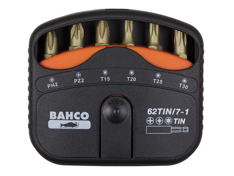 A Bahco 62TIN/7-1 compact bit set with seven interchangeable screwdriver bits, labeled with sizes PH2, PZ2, T15, T20, T25, and T30, housed in a black and orange plastic case.