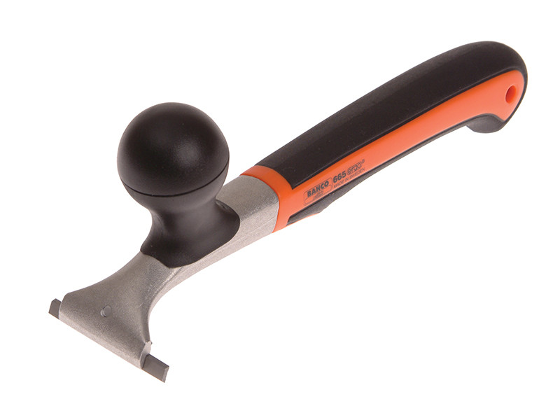 A handheld scraper tool with a black and orange ergonomic handle and a flat metal blade, designed for removing paint or debris from surfaces.