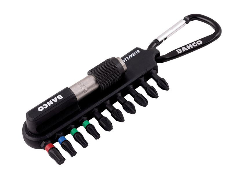 A Bahco branded multi-bit screwdriver set with a black carabiner, featuring a rotating bit holder and nine interchangeable screwdriver bits with colored bands for identification.