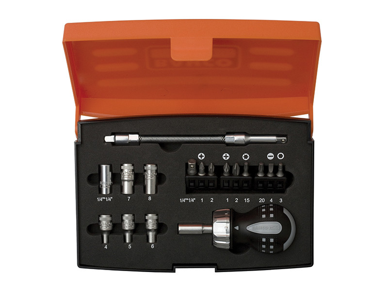 A set of precision tools in an orange case, including a ratchet screwdriver, multiple interchangeable bits, sockets, and extensions, all securely organized in a foam insert.