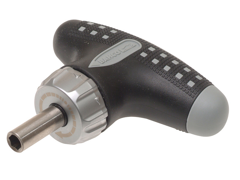 A Bahco brand T-handle ratcheting screwdriver with a black and gray textured grip and a metal hex socket at the end.,