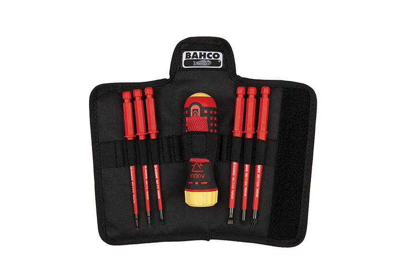 A black Bahco tool pouch open to reveal a red and yellow insulated screwdriver handle and six interchangeable red screwdriver blades held in elastic loops.,