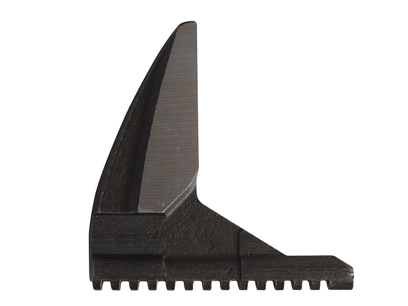 A close-up view of a black, serrated metal object with a sharp, curved blade and a notched base, isolated on a white background.