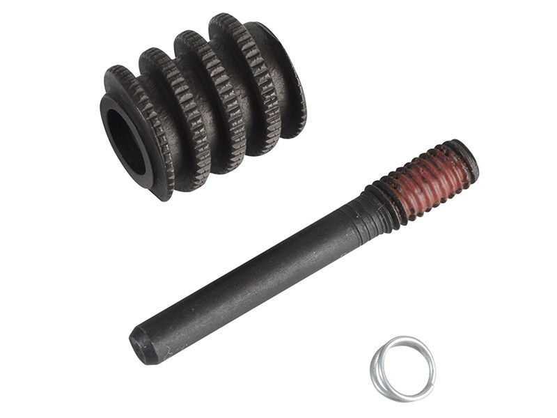 Three mechanical components: a black helical gear, a long black bolt with red thread-locking compound on one end, and a small metal spring, all on a white background.