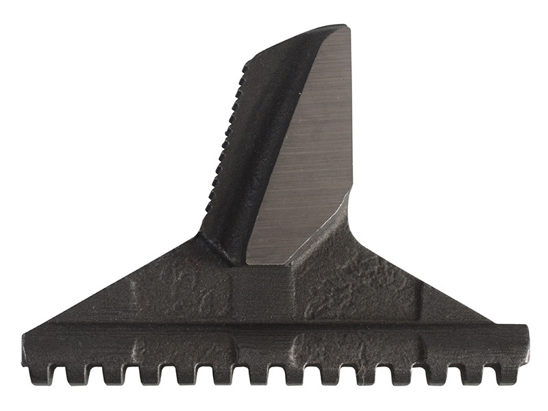 A metal tool blade with a toothed, straight edge at the bottom and a single, angled, serrated fin rising from the center. The blade has a textured, industrial appearance.