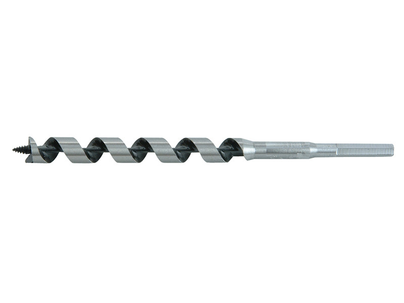 A metal auger drill bit with a spiral design and a threaded tip, used for drilling holes in wood, shown against a white background.