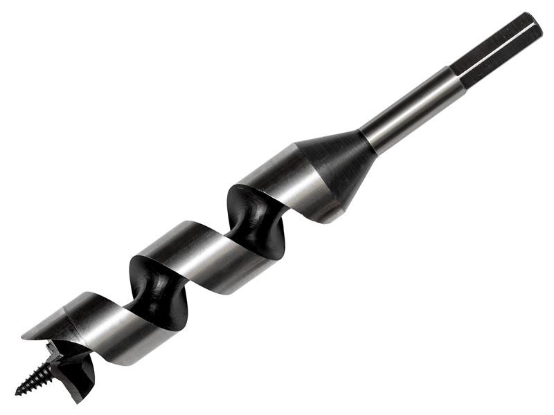 A close-up view of a metal auger drill bit with a spiral design and a screw tip, used for drilling holes in wood. The drill bit is positioned diagonally on a white background.