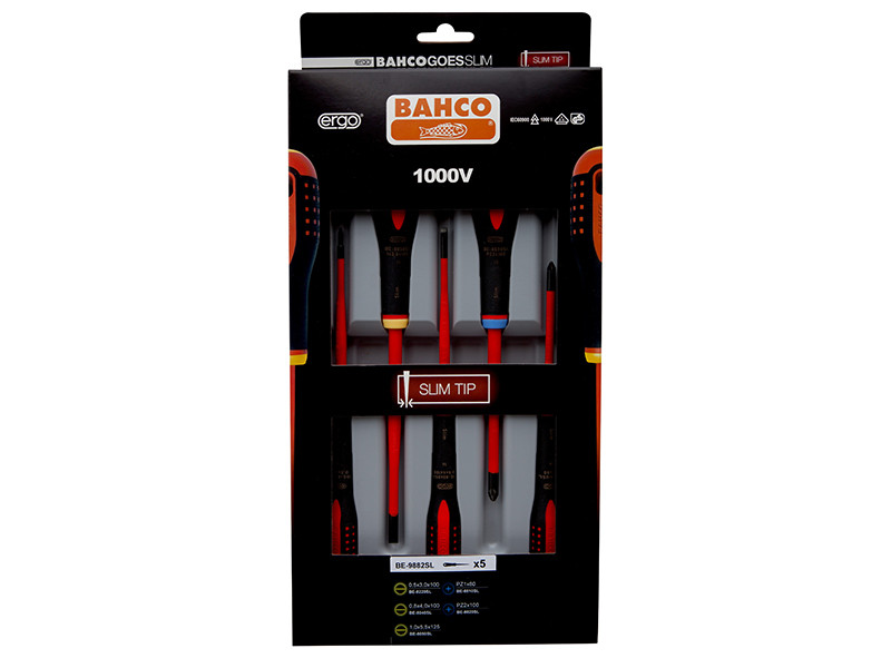 A boxed set of five Bahco insulated screwdrivers with slim tips, designed for electrical use up to 1000V. The packaging is black with orange accents and features product information and branding.