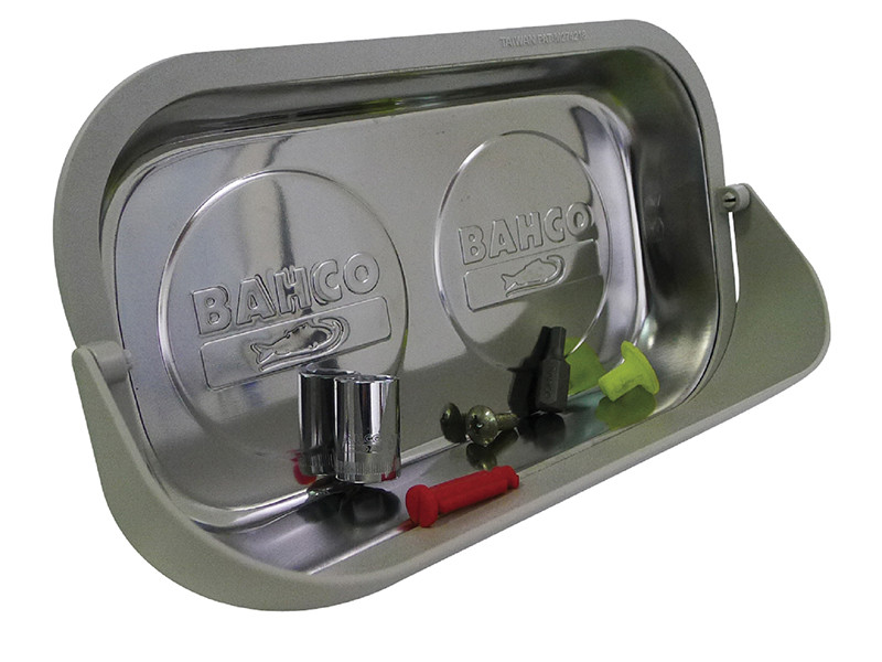 A rectangular Bahco branded magnetic parts tray holding various metal and plastic fasteners, including screws, a socket, clips, and colored plastic pins.