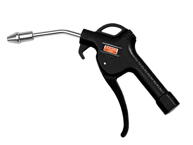 A black air blow gun with a metal nozzle and trigger, labeled “Bahco.” The tool is used for cleaning or drying surfaces with compressed air. The background is plain white.
