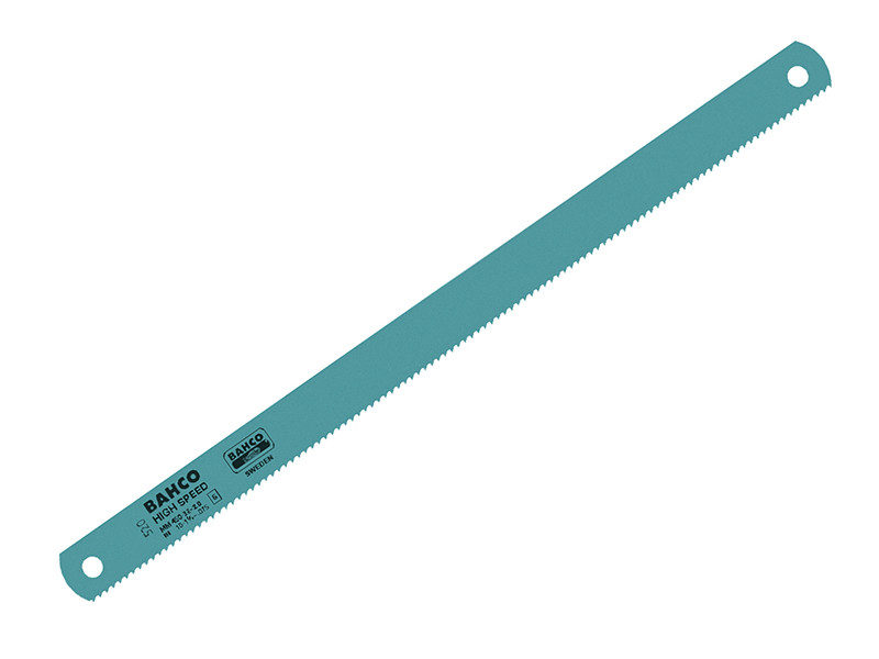 A blue Bahco brand hacksaw blade with fine teeth, two holes at each end for mounting, and product details printed on the blade.