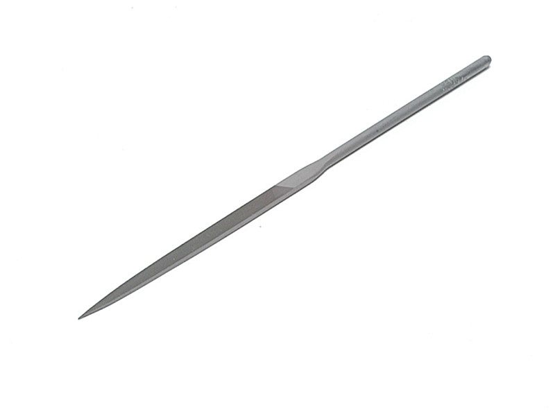 A metal needle file with a pointed tip and a flat, narrow body, commonly used for precise filing and shaping of metal, wood, or plastic. The tool is shown on a white background.