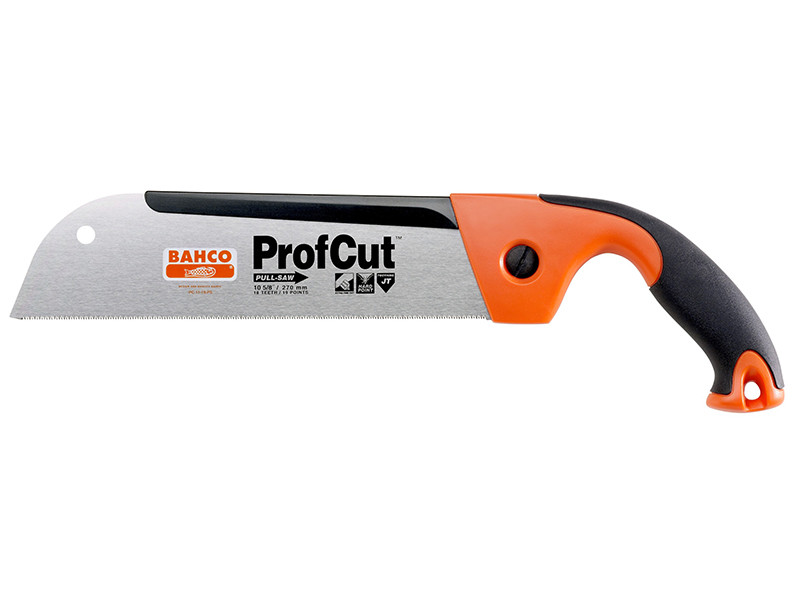 A Bahco ProfCut pull saw with a straight, silver blade and fine teeth, featuring an orange and black ergonomic handle.