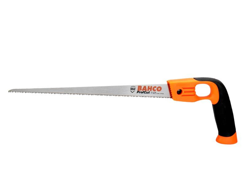 A Bahco ProfCut hand saw with a long, thin serrated blade and an orange and black pistol-grip handle, designed for precise cutting tasks.