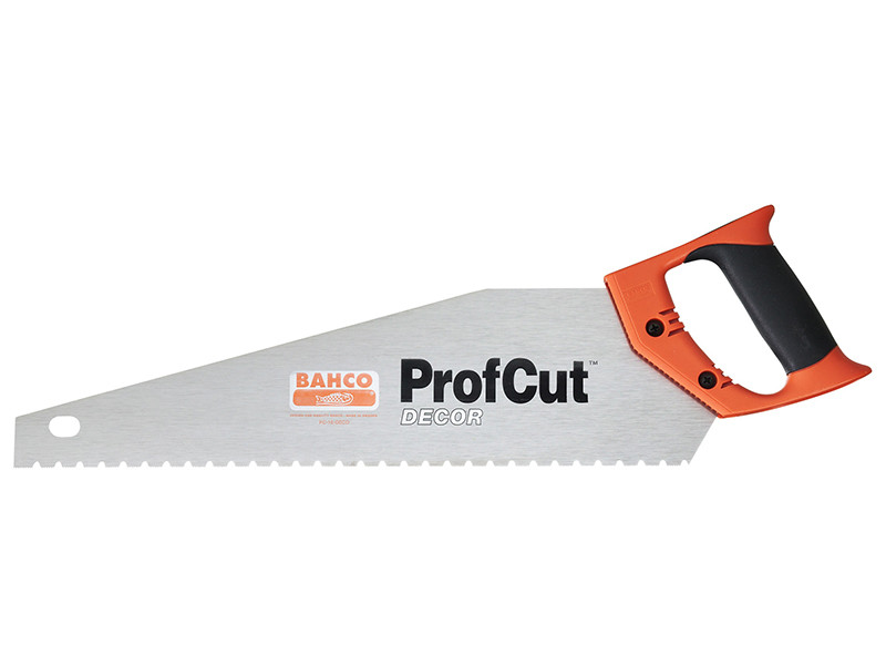 A Bahco ProfCut Decor hand saw with a silver blade, jagged teeth, and an orange and black ergonomic handle. The blade is branded with Bahco and ProfCut DECOR logos.