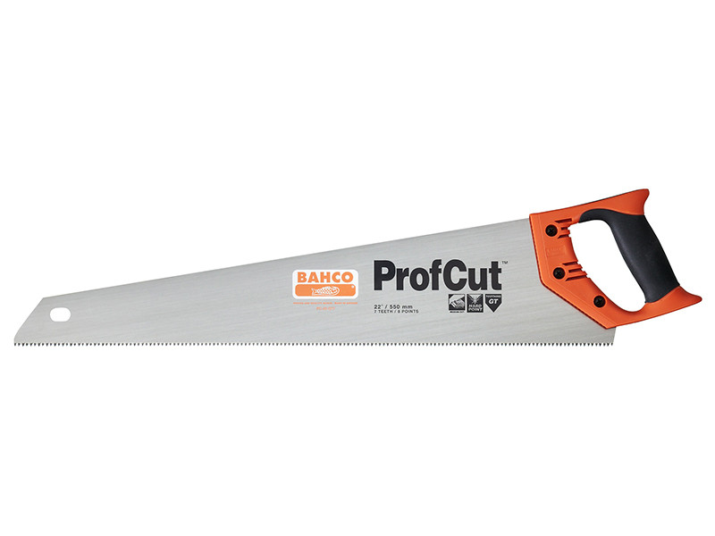 A Bahco ProfCut hand saw with an orange and black handle and a silver blade featuring fine teeth and branding text. The blade has a hole near the tip for hanging.,