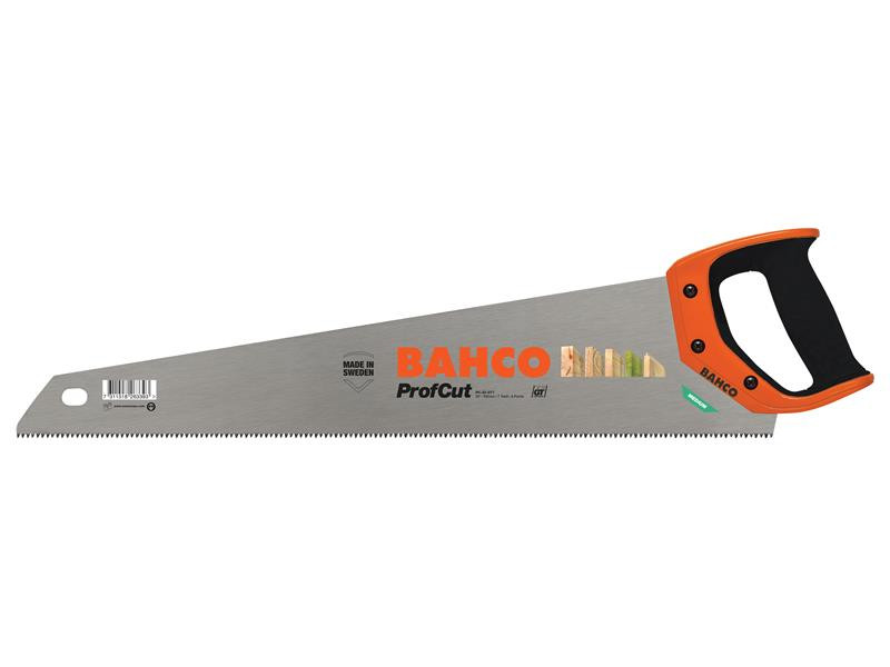 A Bahco ProfCut hand saw with an orange and black handle and a silver blade, designed for cutting wood. The blade features logos, product details, and a row of sharp teeth along the edge.