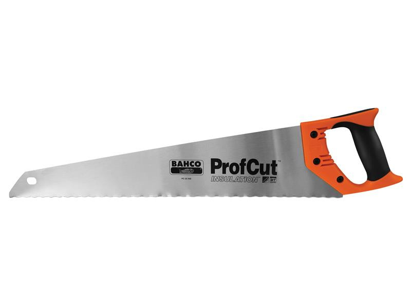 A hand saw with a silver blade labeled Bahco ProfCut Insulation and an orange and black ergonomic handle, designed for cutting insulation materials.