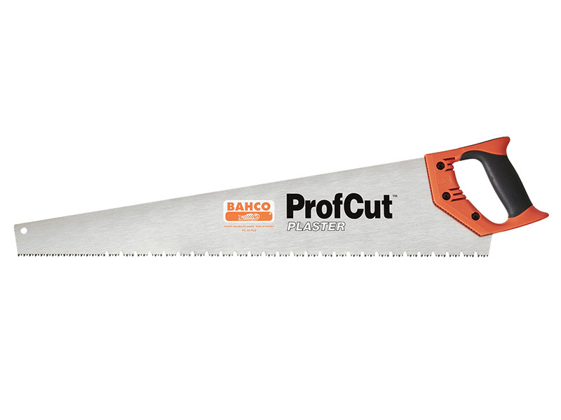 A Bahco ProfCut hand saw with an orange and black handle and a silver blade labeled PLASTER. The blade features measurement markings along its edge.,