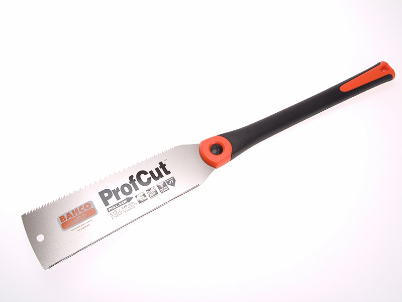 A Bahco ProfCut hand saw with a black and orange ergonomic handle and a straight, silver blade featuring sharp teeth and product branding.