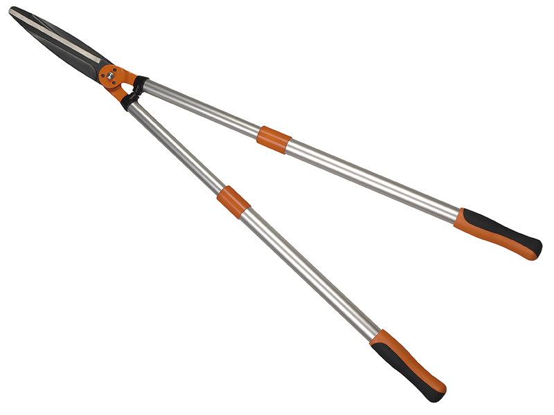 A pair of long-handled garden hedge shears with orange and black grips and silver metal handles, shown on a white background.