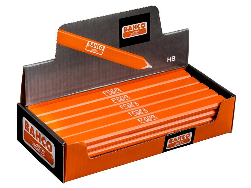A box of orange Bahco carpenter pencils labeled HB, neatly arranged in a branded cardboard display with Bahco logos visible on the pencils and packaging.