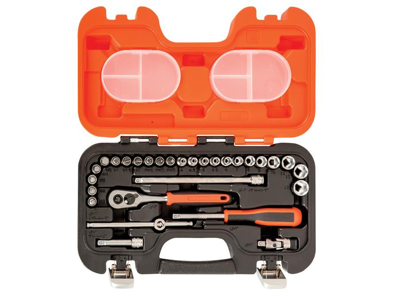 Open tool kit with an orange lid, containing a ratchet, screwdriver, extension bars, and multiple sockets, all neatly organized in fitted slots inside a black plastic case.