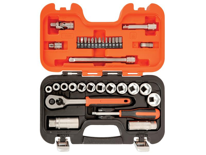 A socket wrench set in an open black and orange plastic case, showing a ratchet, sockets of various sizes, screwdriver bits, and other hand tools neatly organized in designated slots.